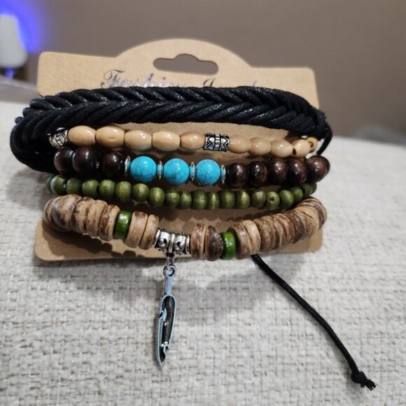 Nwt Womens Earth Tones Multicolor Beaded & Leather Bracelet Set - Picture 1 of 3